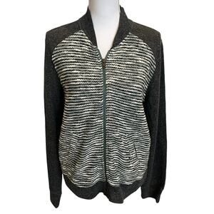 Lucky Brand Cardigan Sweater Womens Large Black White Bomber Zip Up Knit Casual